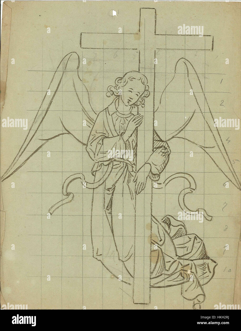 Ein Entwurf für einen Engel, der ein Kreuz hält, wurde im Rahmen eines Architekturprojekts für die Cuypershuis erstellt. Die Skizze reflektiert ein religiöses Thema und zeigt die detaillierte, symbolische Darstellung einer Engelsfigur im Kunstwerk. Stockfoto