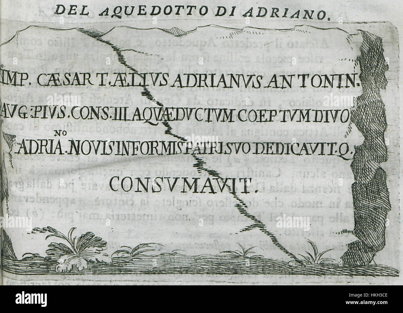 Francesco Fanellis Darstellung der lateinischen Inschrift aus dem Aquädukt von Hadrian in Athen aus dem Jahr 1695 ist ein bedeutender historischer Nachweis. Das Bild unterstreicht die Bedeutung des Aquädukts für die römische Technik und die Verbindung zu Hadrians Herrschaft in Athen. Stockfoto