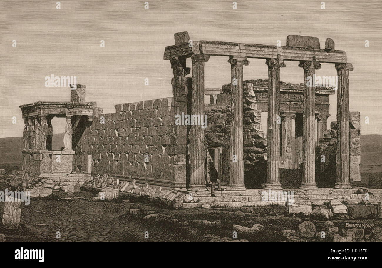 Boetticher Adolfs Gemälde des Erechtheion aus dem Jahr 1888, ein altgriechischer Tempel in Athen, fasst die klassische Architektur und die historische Bedeutung des Denkmals detailliert ein. Stockfoto
