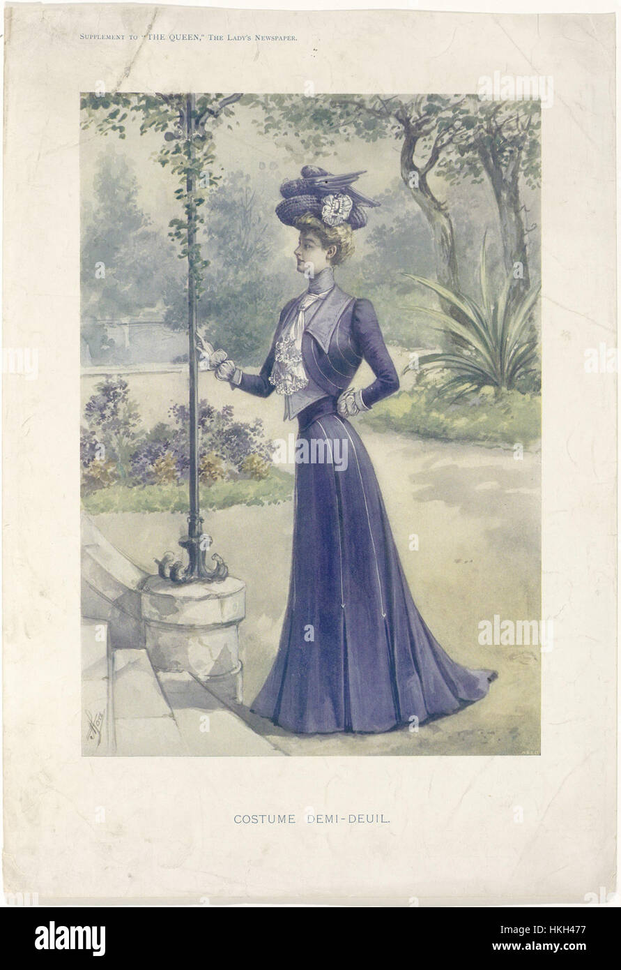Dieses Bild von *The Queen, the Lady's Newspaper* zeigt ein modisches *Demi deul* Kostüm, das Anfang der 1900er Jahre getragen wurde und das komplizierte Design und die elegante Mode der Zeit zeigt. Stockfoto