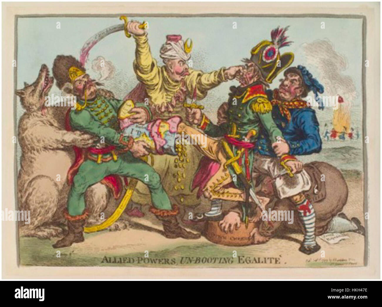 James Gillrays satirisches Werk *Bear* fängt die übertriebenen Merkmale und politischen Kommentare ein, die typisch für seine Karikaturen aus dem 18. Jahrhundert sind. Bekannt für seinen scharfen Witz, nutzte Gillray Humor und Übertreibung, um politische Persönlichkeiten und soziale Themen der Zeit zu thematisieren. Stockfoto