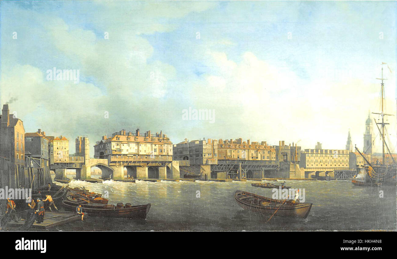 Dieses Gemälde von Samuel Scott zeigt die London Bridge, wie sie vor ihrer bedeutenden Umgestaltung im Jahr 1757 erschien. Das Kunstwerk bietet einen historischen Einblick in das mittelalterliche Gebäude der Brücke mit belebten Straßenszenen und dem täglichen Leben entlang der Themse. Stockfoto