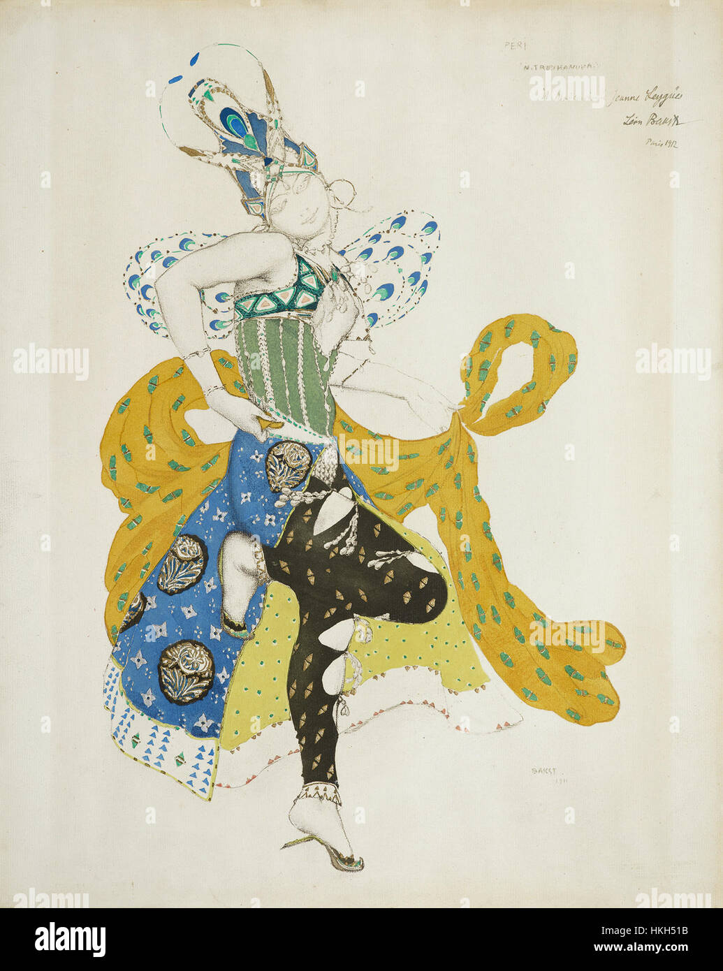 „La Peri“ ist ein Bühnenbild von Léon Bakst für das Ballett „La Péri“, das 1912 für die Produktion geschaffen wurde. Das Design mit komplizierten Kostümen und üppigen Details ist ein visueller Ausdruck der mystischen Anziehungskraft des Orients während des frühen 20. Jahrhunderts. Stockfoto