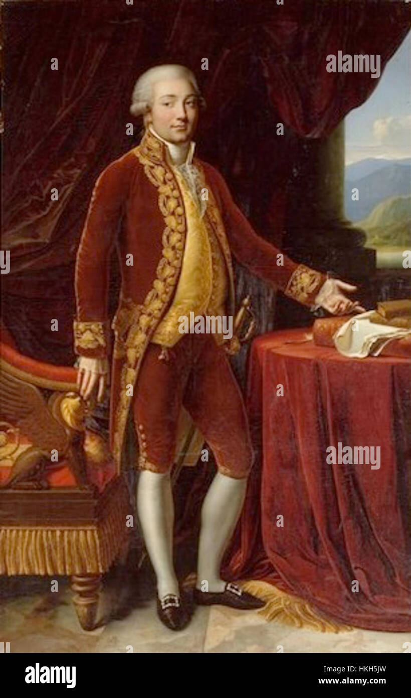Dieses Porträt von Carlo Maria Bonaparte, dem Vater Napoleons Bonaparte, spiegelt seine Bedeutung für die europäische Geschichte wider. Das Gemälde fängt seine würdevolle Präsenz ein, was auf seinen Status als prominenter korsischer Adliger hinweist. Stockfoto