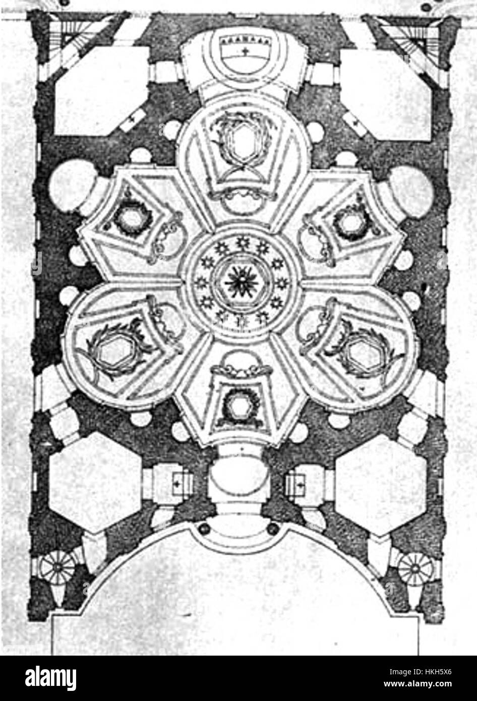 Der Plan für Sant'Ivo alla Sapienza von Francesco Borromini ist ein gefeiertes Beispiel barocker Architektur. Das Design verfügt über eine markante spiralförmige Laterne und eine markante zentrale Kuppel, die komplexe Geometrien und dynamische Formen zu einem einzigartigen architektonischen Statement verbindet. Stockfoto