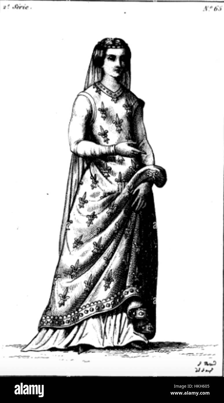 Dieses historische Porträt zeigt Blanche, die Tochter Ludwigs IX. Von Frankreich, und hebt die königliche Kleidung hervor, die typisch für den mittelalterlichen europäischen Adel ist. Das Gemälde konzentriert sich auf die Eleganz und den königlichen Charakter ihrer Figur. Stockfoto