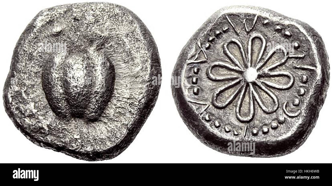 Eine Fotografie eines Melian Stater aus dem 5. Jahrhundert v. Chr., eine antike griechische Münze. Dieses historische Artefakt zeigt eine Darstellung der Göttin Artemis und spiegelt die Kunst und Währung des antiken Griechenlands wider. Stockfoto