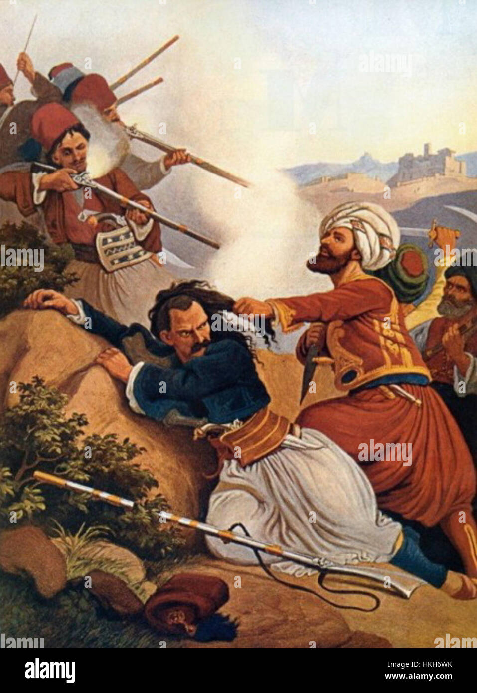 Ein Porträt von John Makrygiannis gemalt von Peter von Hess. Das Kunstwerk zeigt die bemerkenswerte Figur der griechischen Geschichte, die für seine Führung während des griechischen Unabhängigkeitskrieges bekannt ist. Das Gemälde veranschaulicht Hess’s neoklassizistischen Stil und unterstreicht Makrygiannis Bedeutung für die griechische nationale Identität. Stockfoto