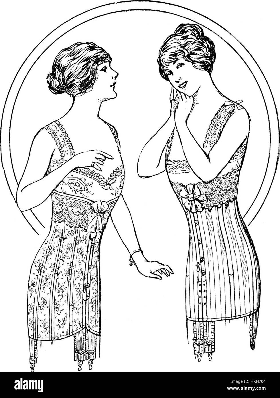 Diese Illustration aus „A La Parisienne Hiver 1913-1914“ zeigt die Essenz der Pariser Wintermode und zeigt elegante Kleidung, die während der Wintersaison des frühen 20. Jahrhunderts in Paris getragen wurde. Stockfoto