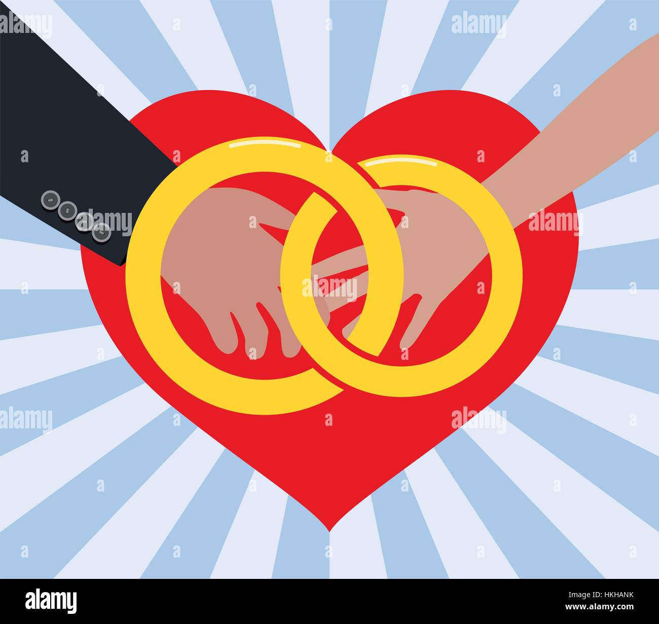 Vektor-Illustration der Ehe von Mann und Frau in der Liebe, mit goldenen Ringen und roten Herzen Stock Vektor