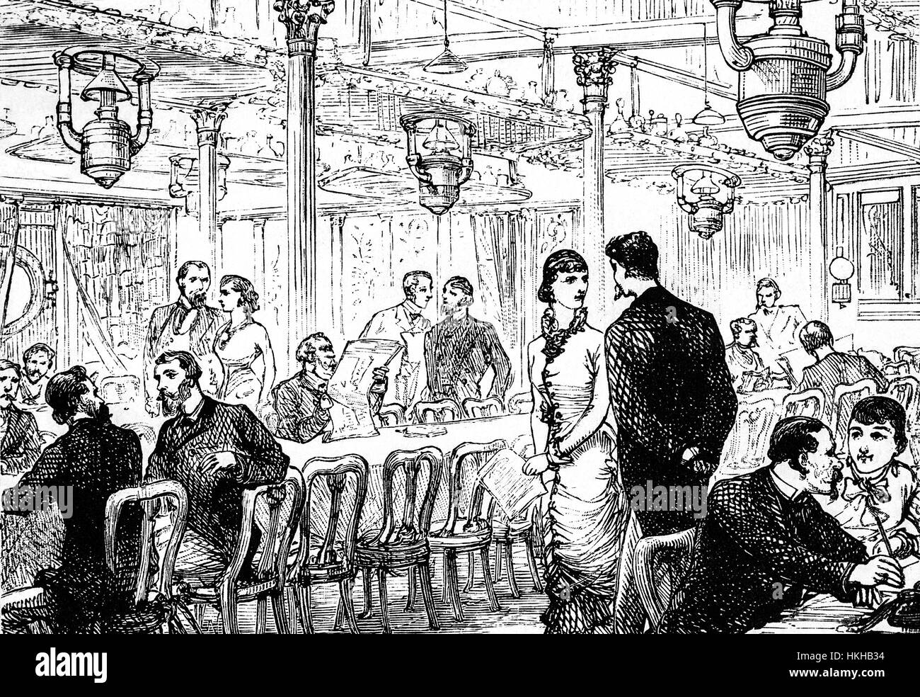 1879: Passagiere im Salon der Cunard-SS "Scythia" machen die atlantische-Überquerung von Liverpool, England nach New York, USA. Stockfoto
