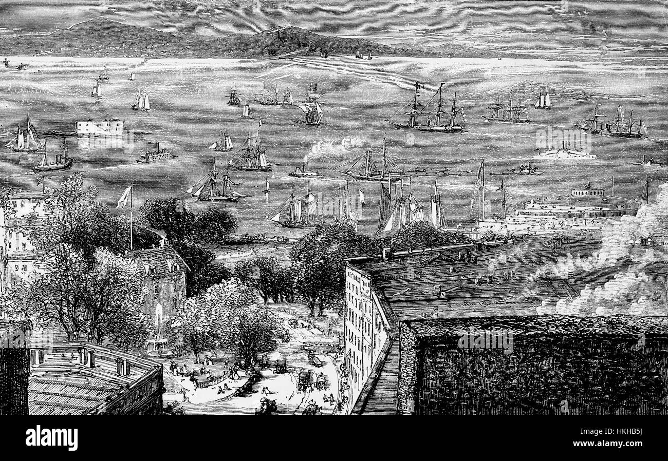 1879: ein Blick auf New York Bay, einem Arm des Atlantischen Ozeans an der Mündung des Hudson River zwischen westlichen Long Island und nordöstlichen New Jersey. Es gliedert sich in Upper New York Bay und Lower New York Bay durch die Narrows. Stockfoto