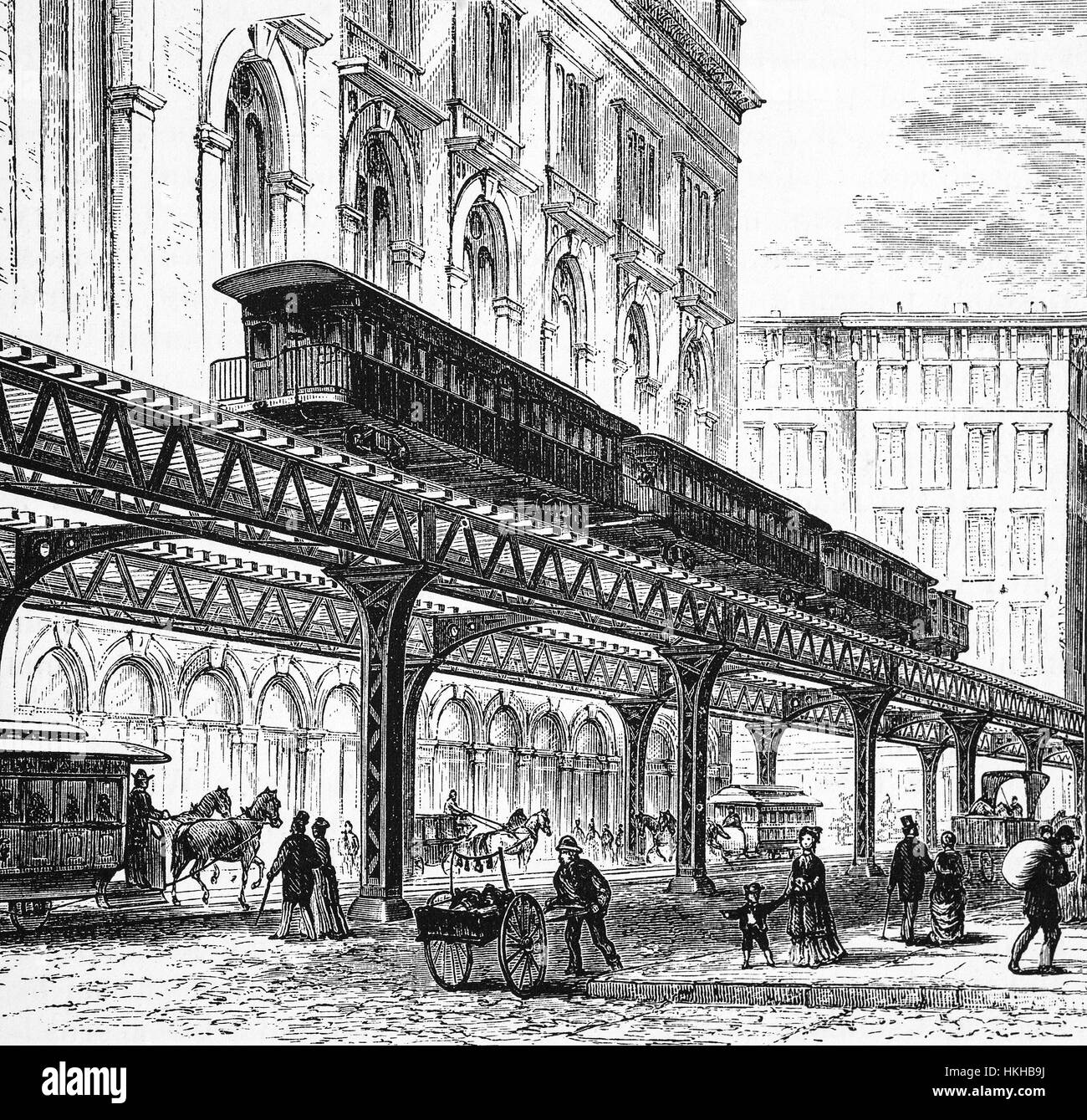 1879: die neu eröffnete Hochbahn auf Third Avenue in Manhattan und der Bronx, New York City, Vereinigte Staaten von Amerika errichtet. Stockfoto