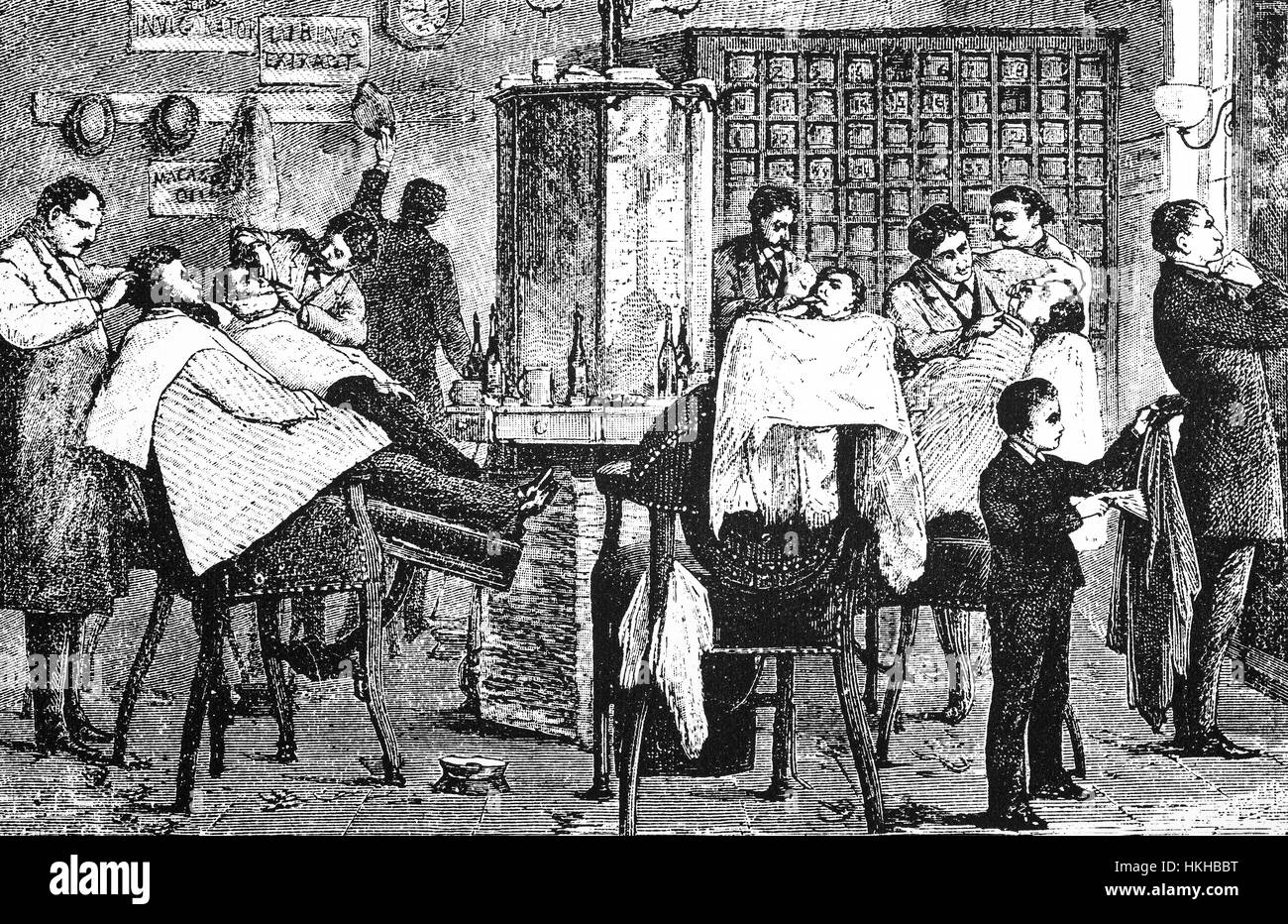 1879: eine geschäftige Friseur Salon in New York City, Vereinigte Staaten von Amerika Stockfoto