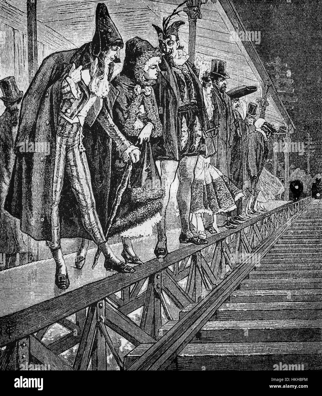 1879: Partygänger auf einer Plattform von der Hochbahn, auf dem Weg zu einem Masquarade Ball, New York City, Vereinigte Staaten von Amerika Stockfoto