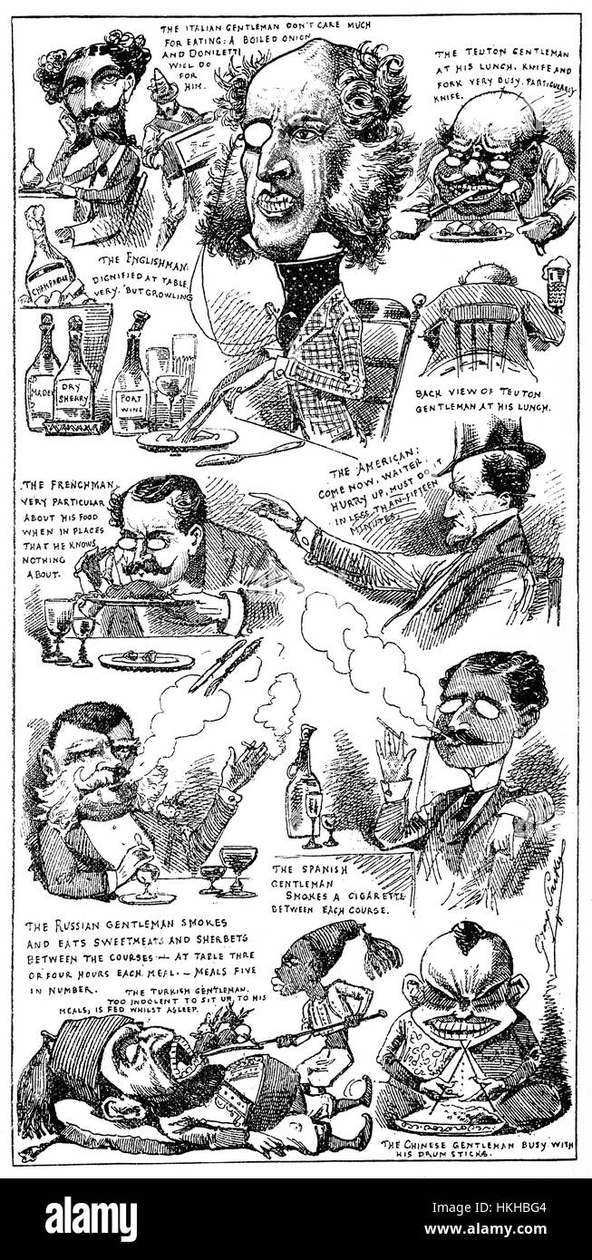 1879: eine Auswahl von Karikaturen von verschiedenen eingewanderten Nationalitäten schwelgen in "Essen als Kunst", von der New York Daily Graphic, New York City, Vereinigte Staaten von Amerika Stockfoto