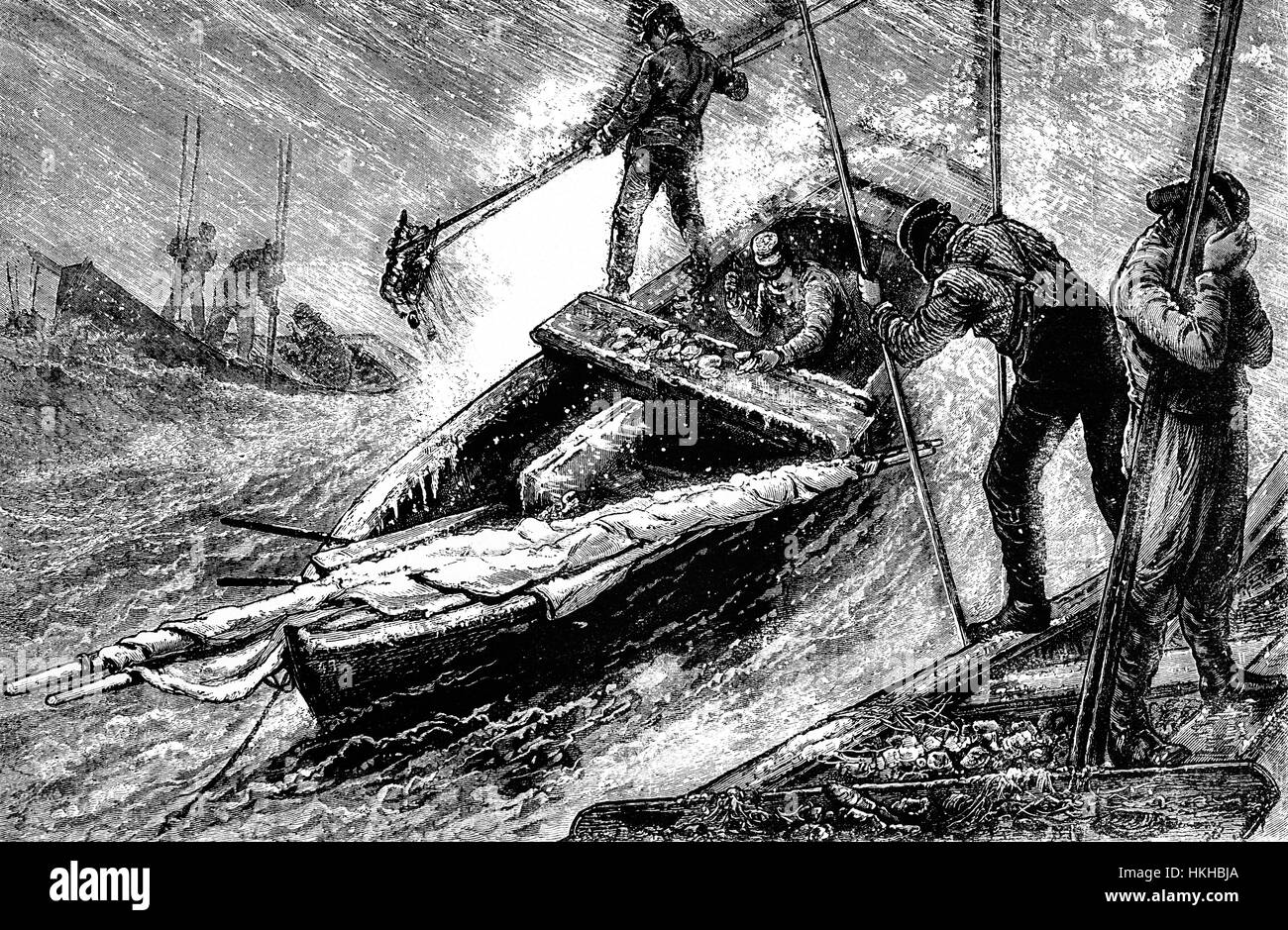 1879: Rechen für Austern in der Chesapeake Bay in kleine Ruderboote; die Zange lag zwischen 7 und 24 Metern Länge und sah aus wie zwei Garten-Rechen mit sehr langen Henkeln, mit der Zahnseite jeder Rechen einander zugewandt. Maryland und Virginia Staaten, Vereinigte Staaten von Amerika Stockfoto