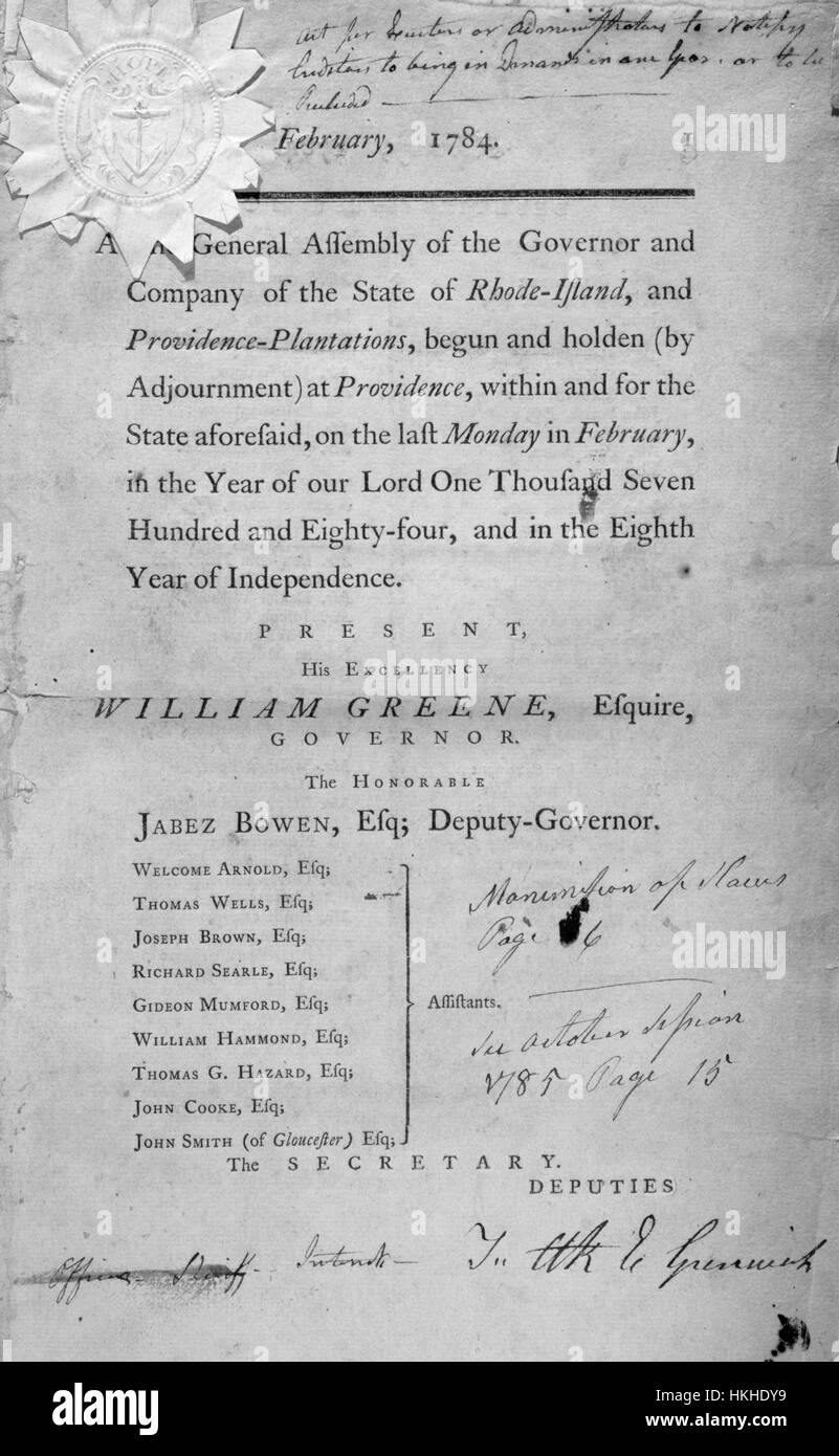 Handeln Sie für die allmähliche Abschaffung der Sklaverei von der Generalversammlung der Gouverneur und der Bundesstaat Rhode Island, 1784. Von der New York Public Library. Stockfoto