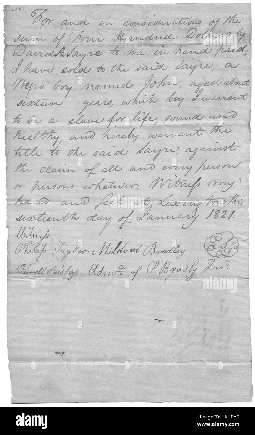 Eine handschriftliche Kaufvertrag für einen Sklaven, einen 16 Jahre alten Jungen namens John, für $400, zertifiziert der Vorbesitzer, dass Johannes ein Sklave für das Leben, 1821 war. Von der New York Public Library. Stockfoto