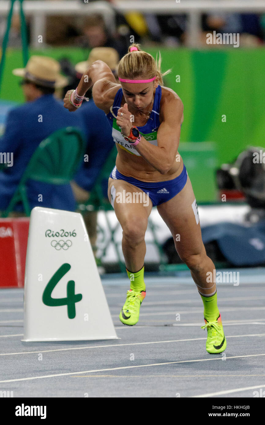 Rio De Janeiro, Brasilien. 12. August 2016.  Athletik, Sofia Yfantidou (GRE) im Wettbewerb im Siebenkampf der Damen 200m bei den Olympischen Sommerspielen 2016. © Stockfoto