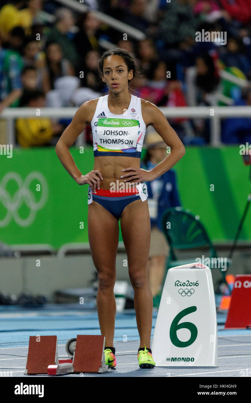 Rio De Janeiro, Brasilien. 12. August 2016.  Leichtathletik, Katarina Johnson-Thompson (GBR) im Wettbewerb im Siebenkampf der Frauen an die 2016 Olympischen Summe 200m Stockfoto
