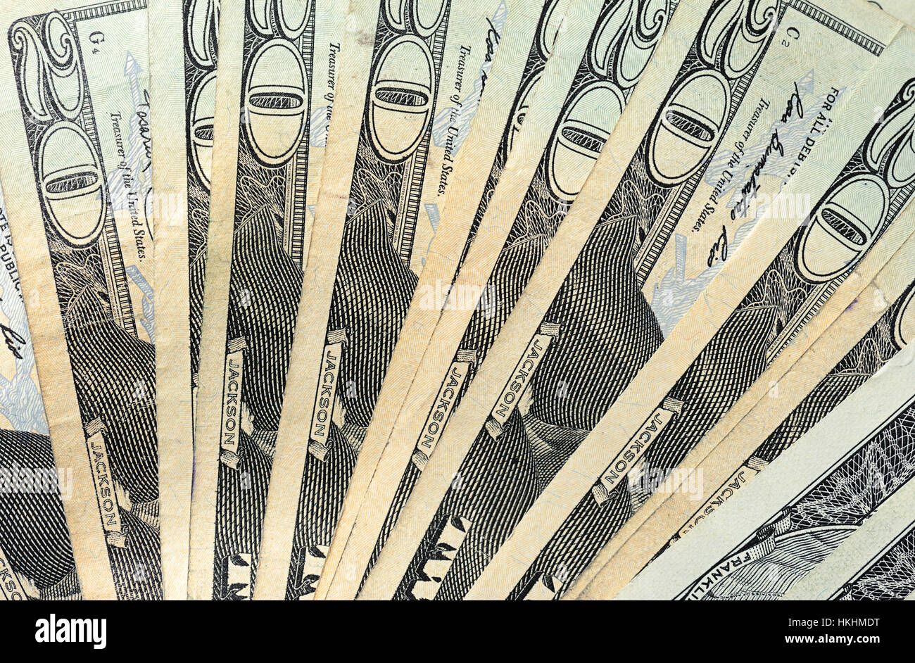 20 Dollar bill schließen sich Ausbreitung auf Tisch Stockfoto