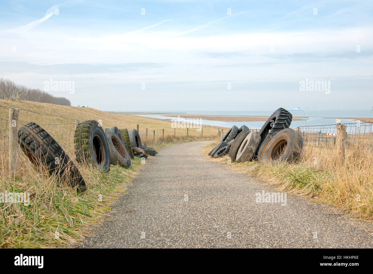 illegal gedumpten LKW und Traktorreifen in einem Naturschutzgebiet in der Provinz Zeeland in den Niederlanden Stockfoto