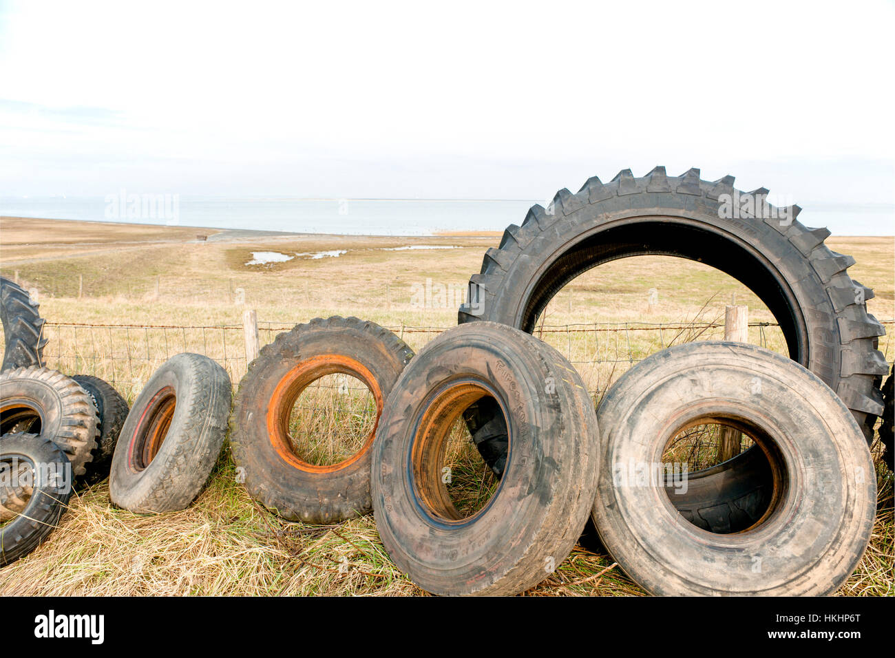 illegal gedumpten LKW und Traktorreifen in einem Naturschutzgebiet in der Provinz Zeeland in den Niederlanden Stockfoto