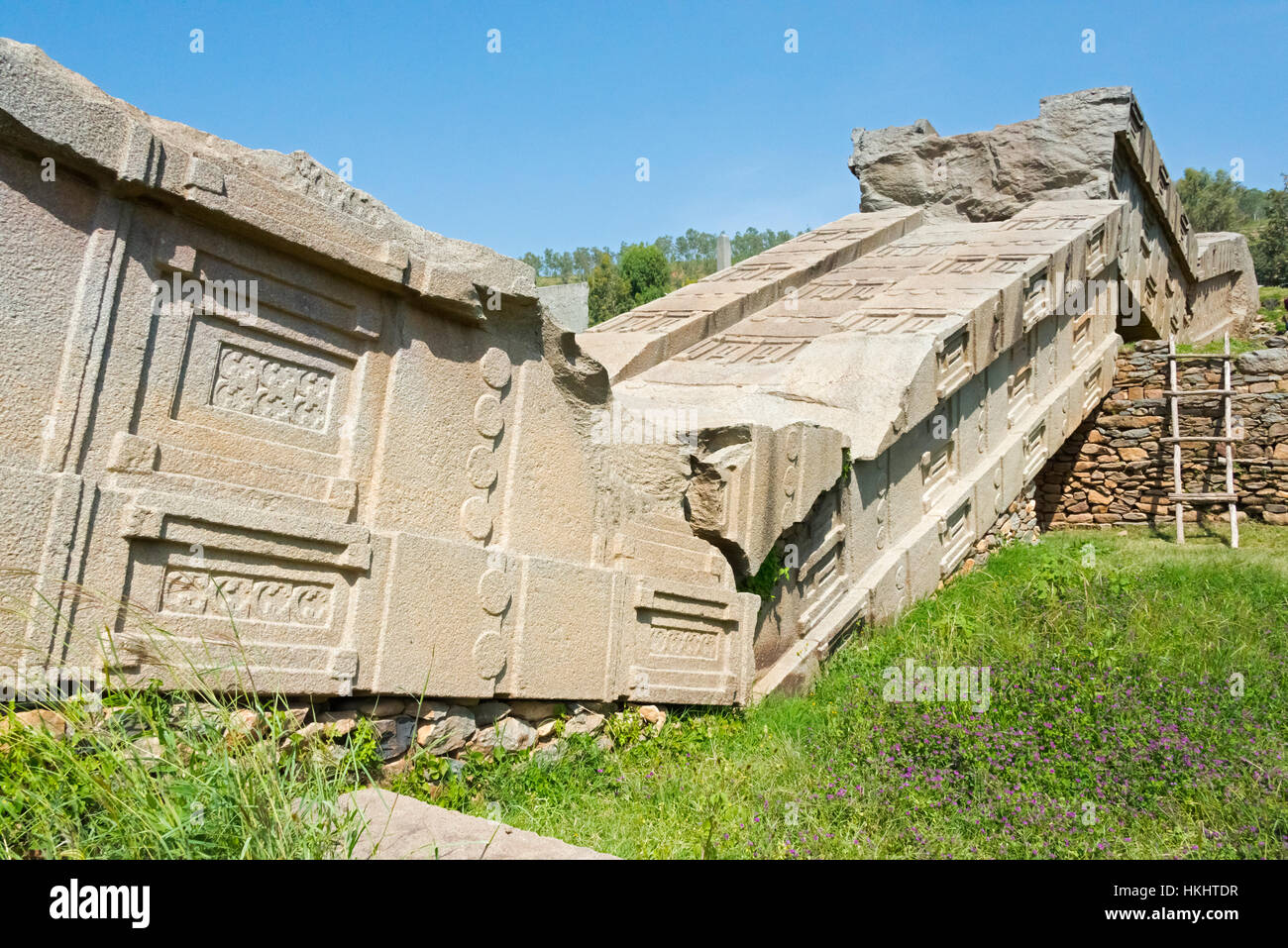 Die größte Aksumite Stele, gebrochen, wo er fiel, die Ruinen der antiken Stadt Aksum, UNESCO-Weltkulturerbe, Äthiopien Stockfoto
