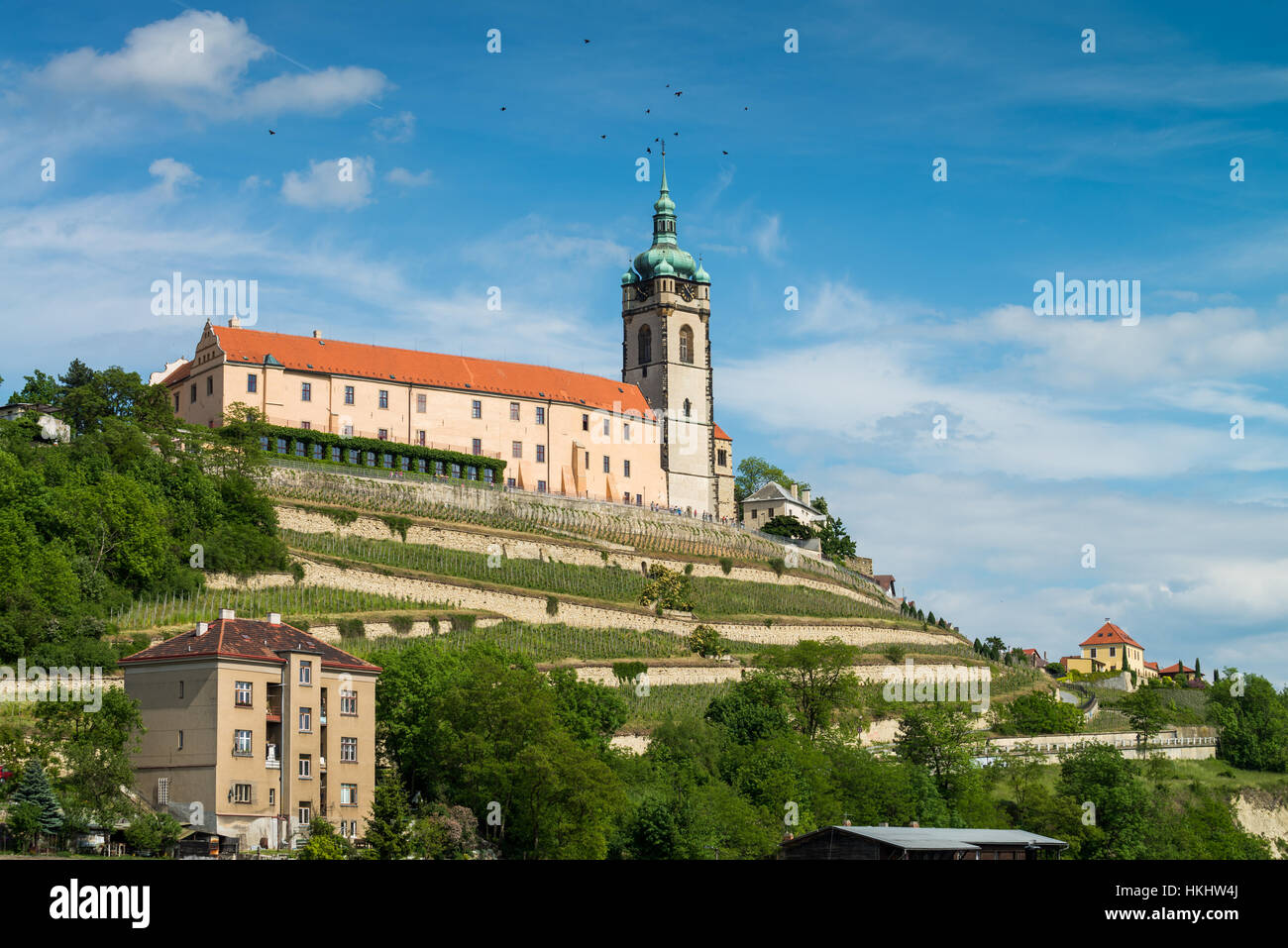 Schloss Mělník über Fluss Elbe, Melnik, Tschechische Republik, Mittelböhmen, Tschechien, Europa Stockfoto