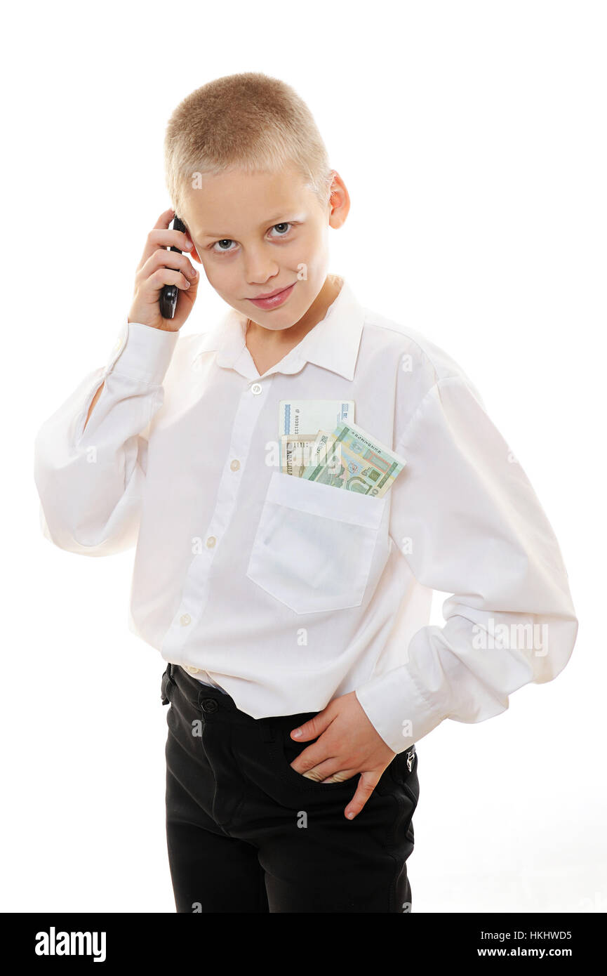 junge junge Geschäftsmann auf mit Geld, Smartphone auf weiß Stockfoto