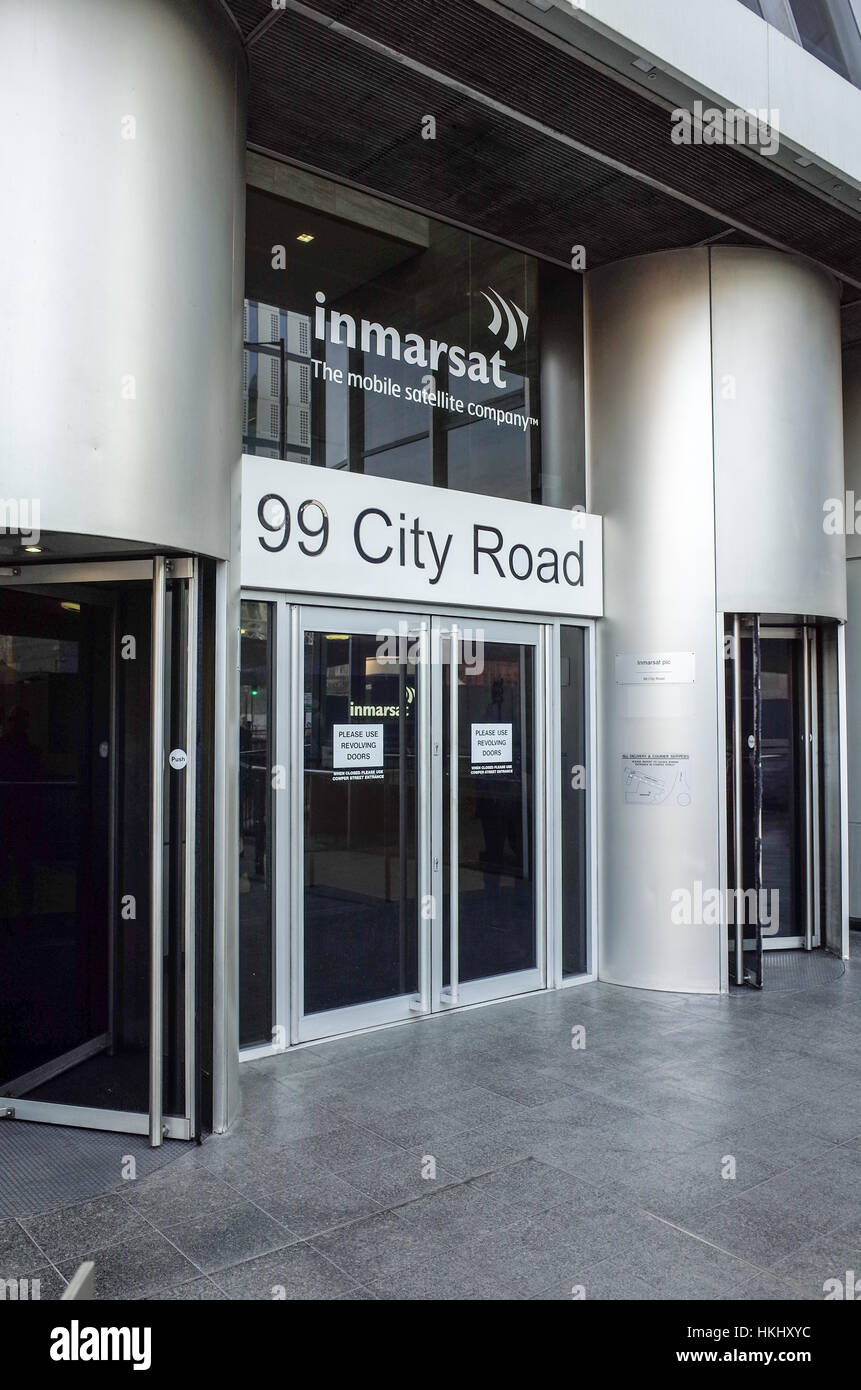 Hauptsitz von Inmarsat in London. Inmarsat Hauptsitz Gebäude in 99 City Road London. Abgeschlossen 1990. Stockfoto