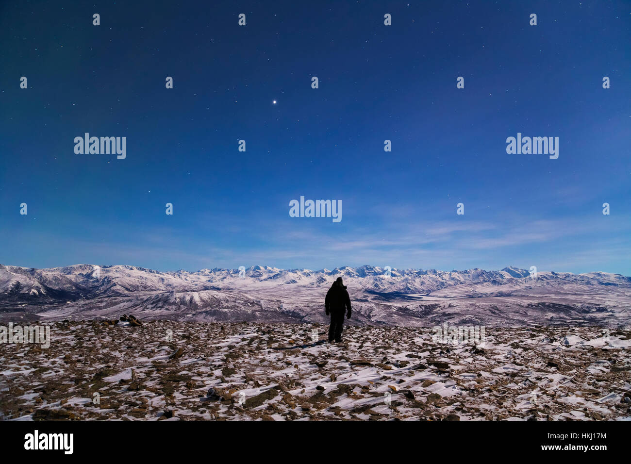 Ein Mann blickt auf die Alaska Range von der Spitze der Kuppel Donnelly in einer mondhellen Nacht (helle Objekt am Himmel ist Jupiter) Stockfoto