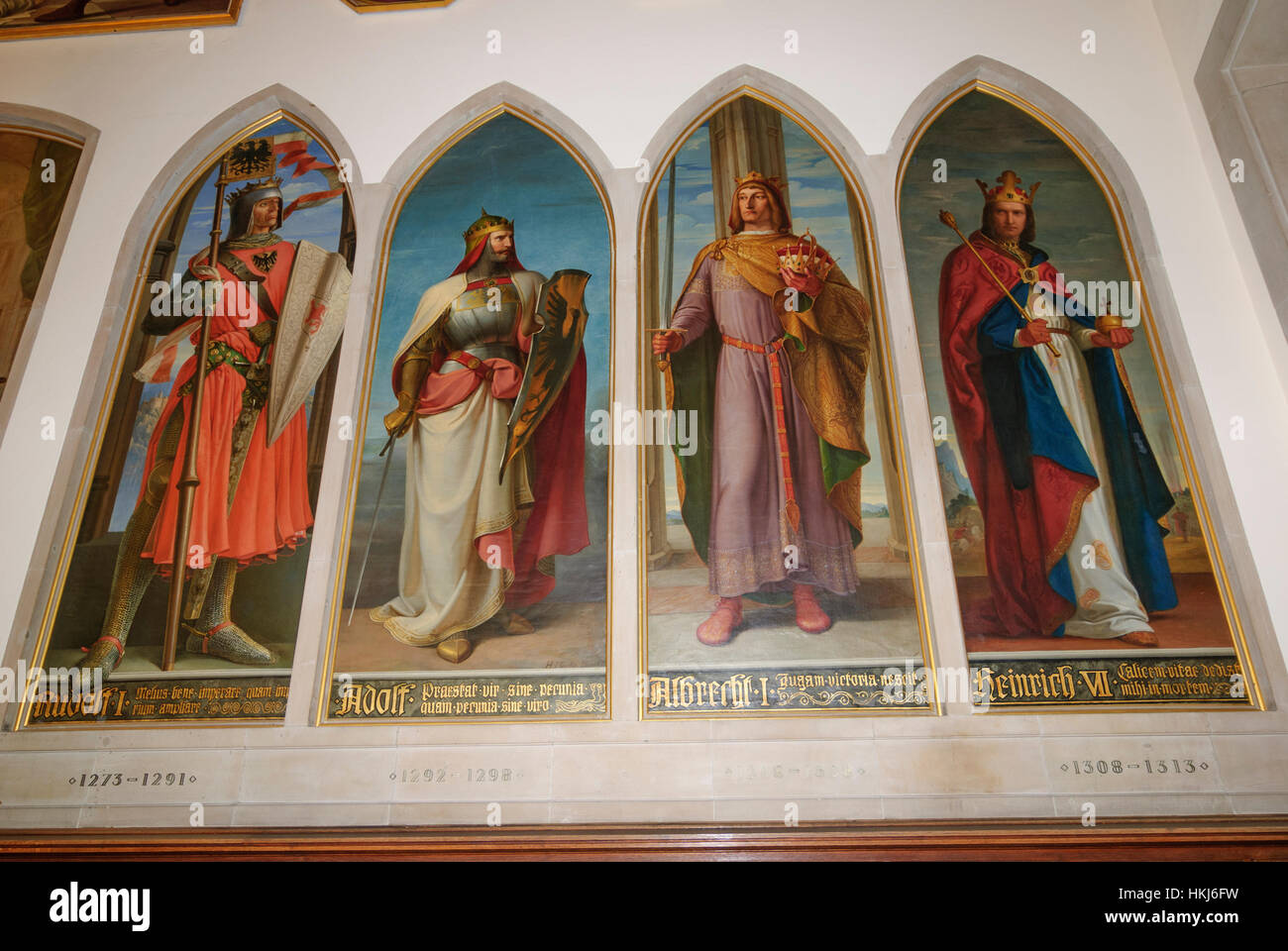 Frankfurt Am Main: Römer (Rathaus), Imperial Hall, Bilder von den deutschen Kaisern: Rudolf I. von Habsburg, Adolf von Nassau, Albrecht I. von Habsb Stockfoto