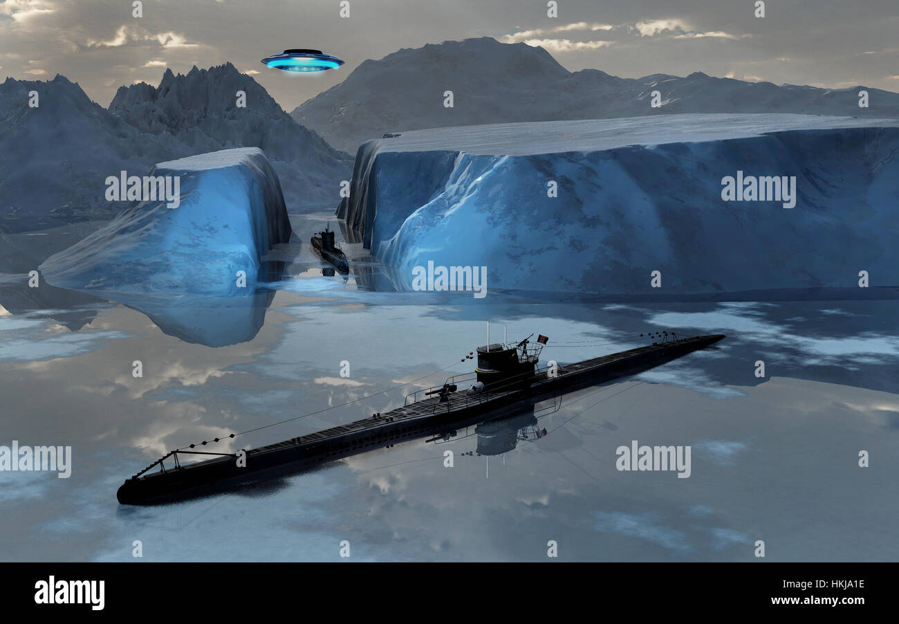 Aliens & Nazi-U-Boote, die Ankunft an der versteckten Antarktis Basis 211. Stockfoto