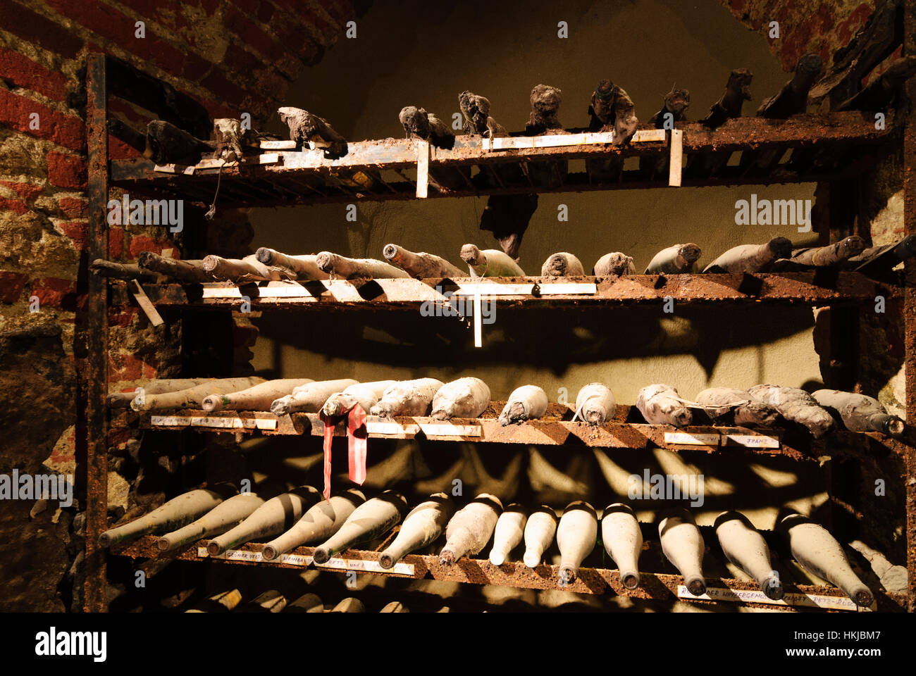 Retz: Retzer Erlebniskeller: die größten historischen Weinkeller in Österreich; Lager Weine der alten staubigen Weinflasche Flaschen, Weinviertel, Niederösterreic Stockfoto