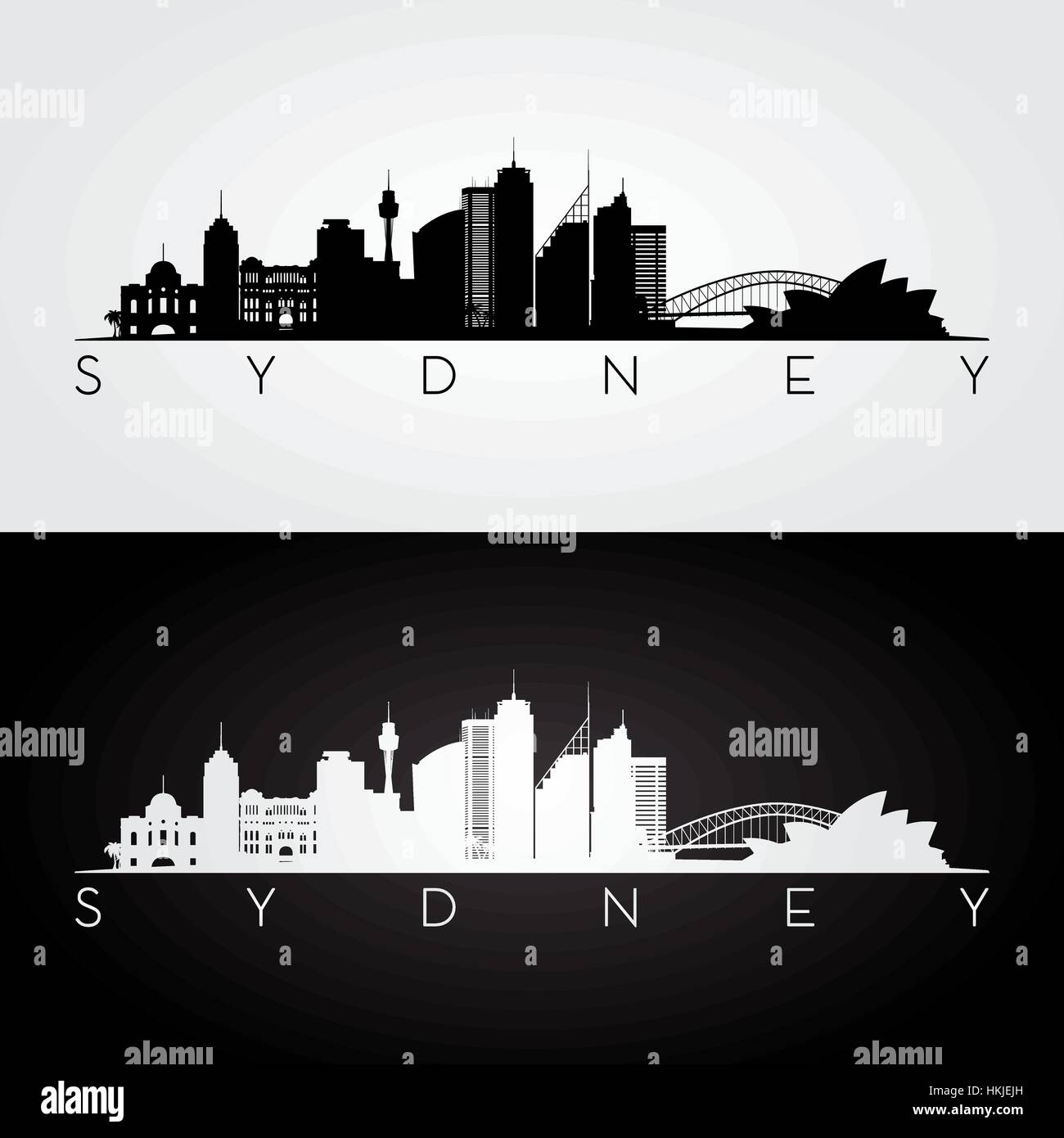 Sydney Skyline und Wahrzeichen Silhouette, schwarz / weiß Design, Vektor-Illustration. Stock Vektor