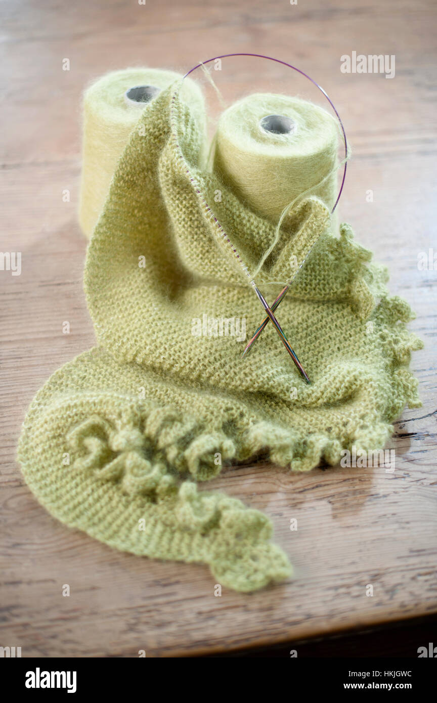 Wolle Walze mit Stricknadel im Verkaufsraum, Bayern, Deutschland Stockfoto