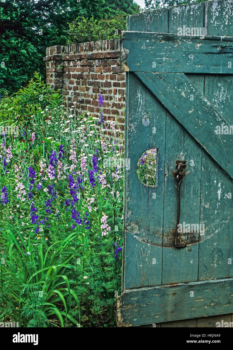 Cottage Garden von Larkspur Frühling Blumen und ein Vintage garten Tor