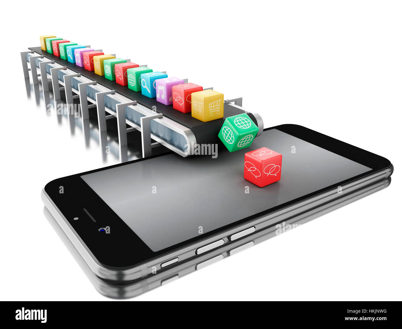 3D Renderer Bild. Förderband mit app-Icons und Smartphone. Technologie-Konzept. Isolierten weißen Hintergrund. Stockfoto
