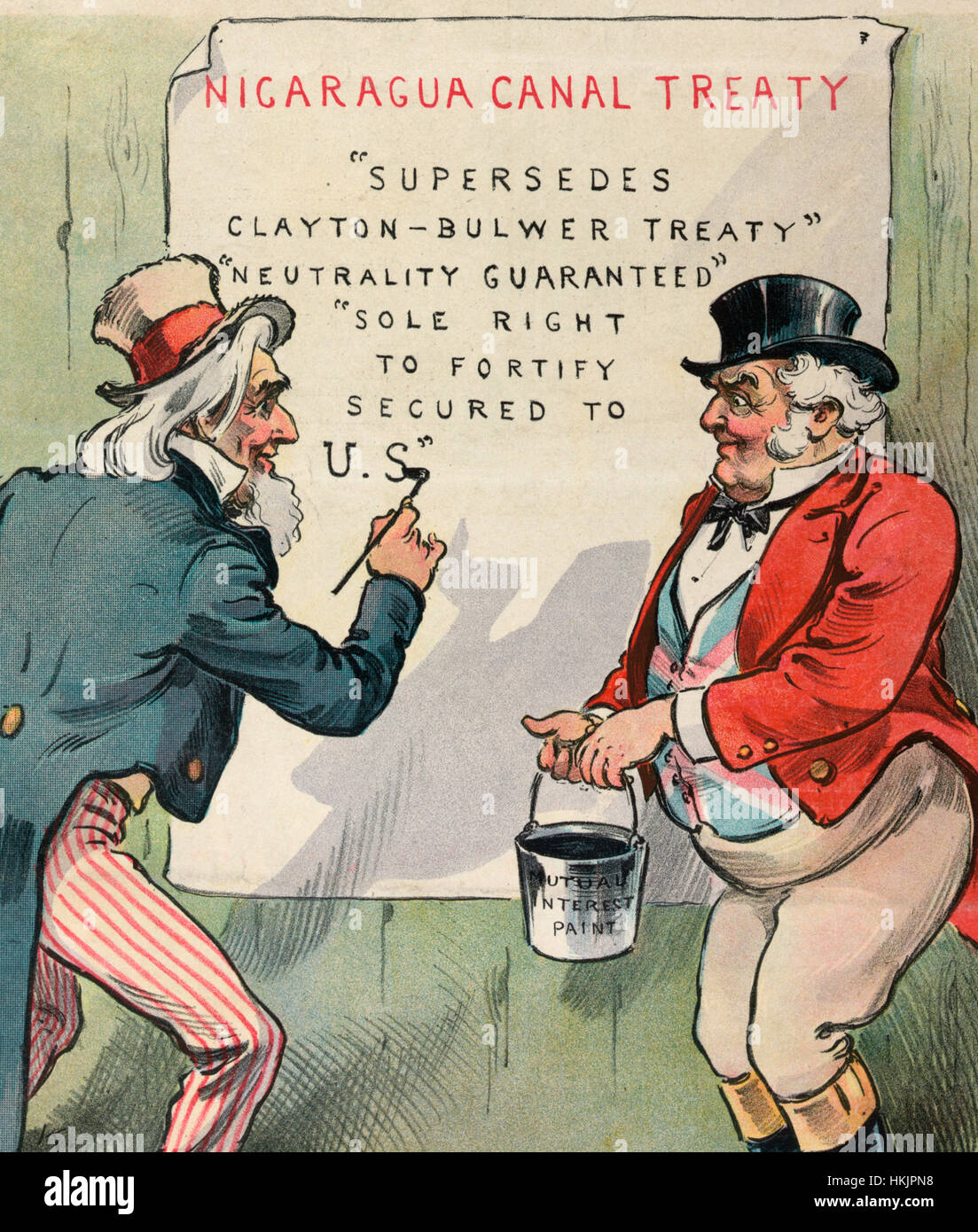 Die Kanal-Lage - politische Karikatur zeigt Uncle Sam mit Pinsel und John Bull, hält ein Farbeimer "gegenseitiges Interesse", sind die Entsendung einer Mitteilung, die besagt: "Nicaragua-Kanal Vertrag" ersetzt Clayton-Bulwer ""Neutralität Guaranteed"" Sole Recht zu befestigen in USA gesichert '' 1901 Stockfoto