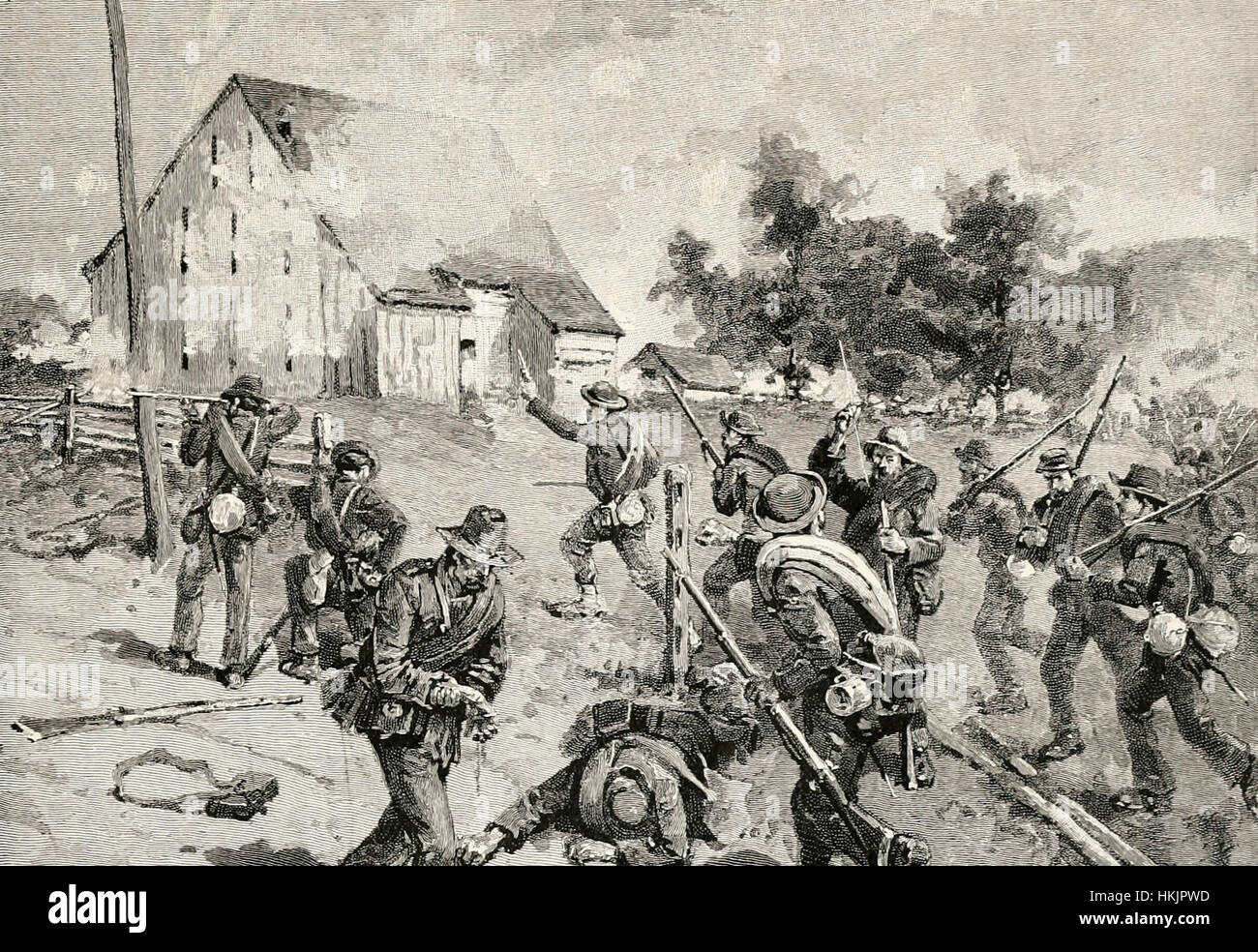 Angriff der Brockenbrough der Konföderierten Brigade (Heth Division) auf der Scheune des Hofes McPherson, Schlacht von Antietam, USA Bürgerkrieg Stockfoto