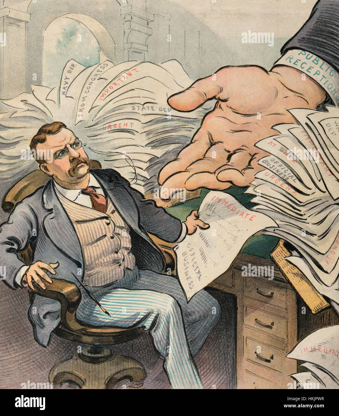 Capitol lästig - politische Karikatur zeigt Präsident Theodore Roosevelt sitzen am Schreibtisch, der mit Papieren, seine sofortige Aufmerksamkeit erfordert überwältigt; durch die Stapel von Papier zu erreichen, ist eine große Hand, die mit der Bezeichnung "Öffentliche Empfänge". Die Karikatur impliziert, dass öffentliche Auftritte Zeit weg von seinen Amtspflichten in Anspruch nehmen.  1902 Stockfoto