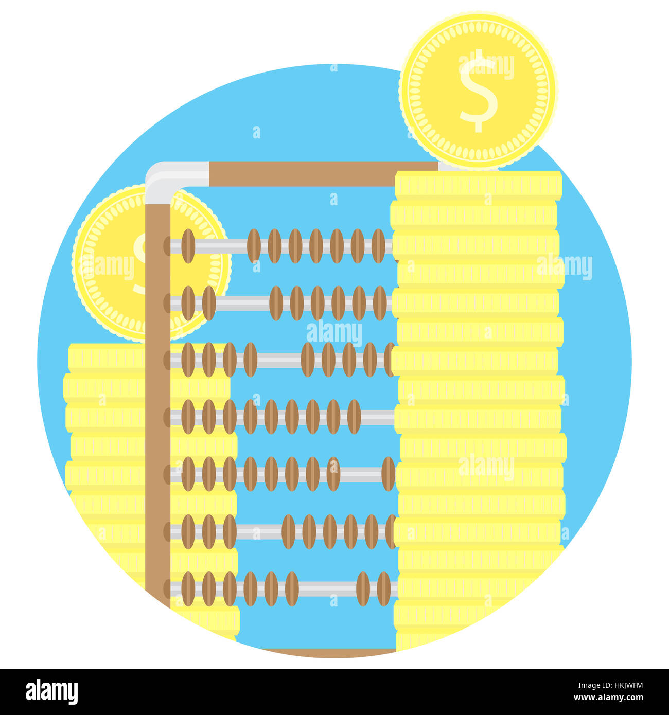 Zählen von Gold und Kapital Fonds-Symbol. Abacus und Vorrat an Münzen. Vektor-illustration Stockfoto
