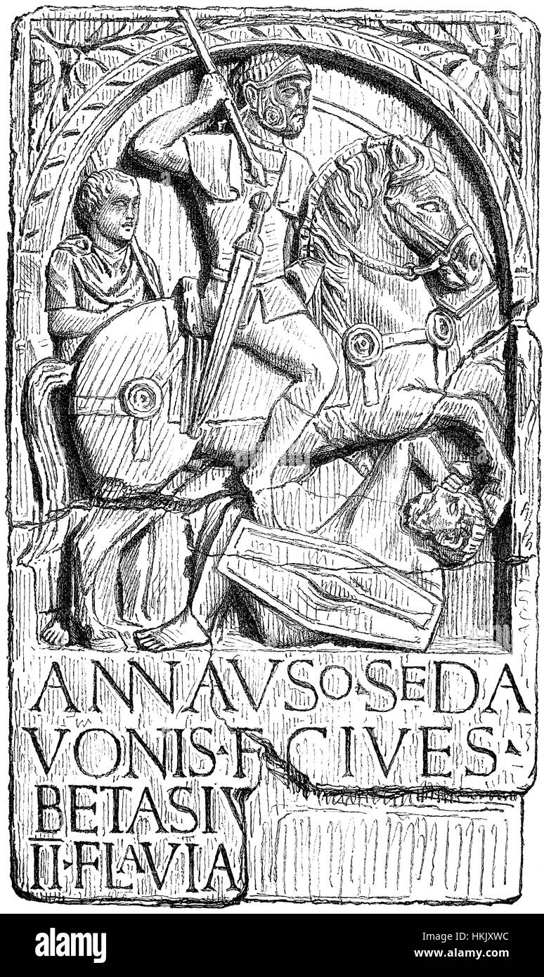 Grabstein der Flavian-Ära, Eques Alaris, Ala Kavallerist Titus Flavius Bassus, serviert in der auxilia Stockfoto