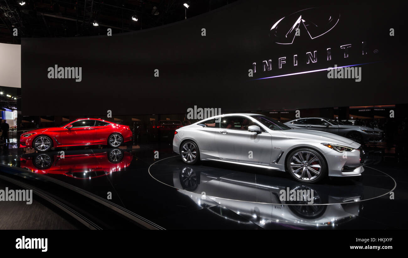 Detroit, Michigan, USA - 12. Januar 2016: Infiniti Q60 und Q60S globalen Debüt Autos auf der North American International Auto Show (NAIAS) Stockfoto