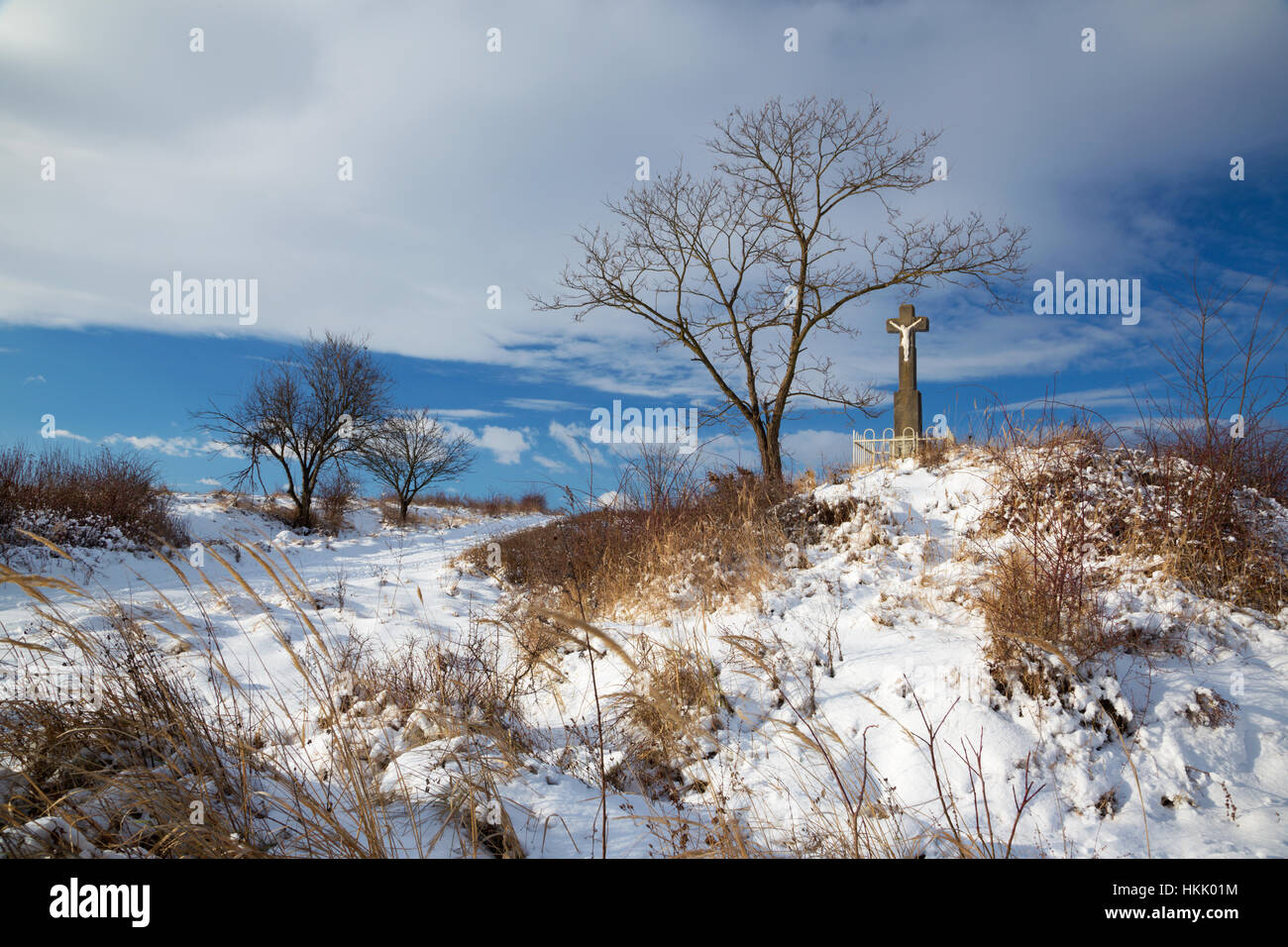 Slowakei - das Kreuz in Winterlandschaft in der Nähe von Sebechleby Dorf. Stockfoto