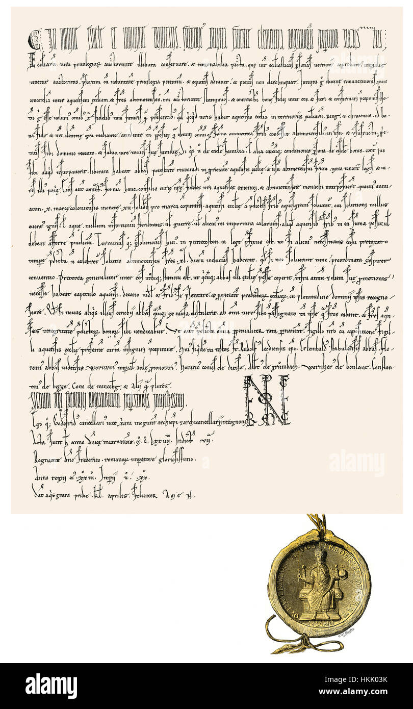 Faksimile, Zertifikat von Friedrich I, Frederick Barbarossa, Friedrich I., 1122-1190, Kaiser Stockfoto