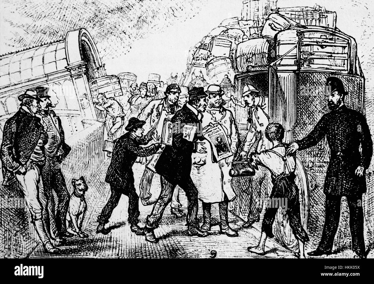 1879: Passagiere für die Cunard-SS 'Scythia' Ankunft oben schwimmenden Steganlage auf dem Molenkopf in Liverpool, England, vor ihrer Atlantiküberquerung nach New York, USA. Stockfoto