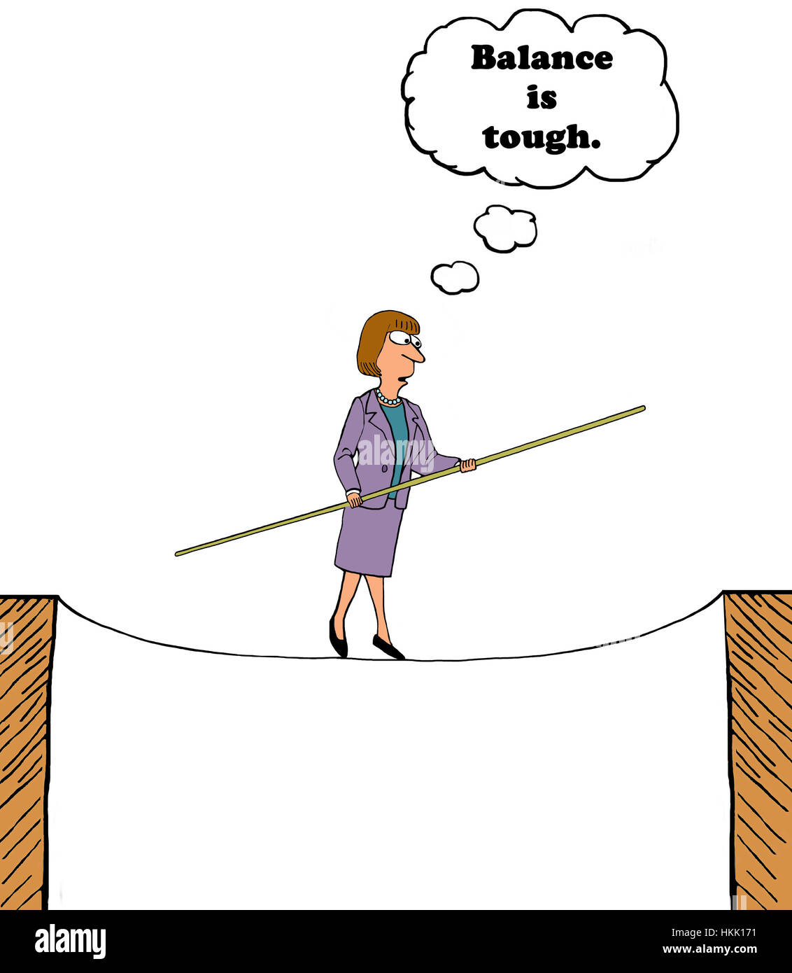 Die Karikatur einer Frau eine Gratwanderung und denken "Gleichgewicht ist hart". Stockfoto